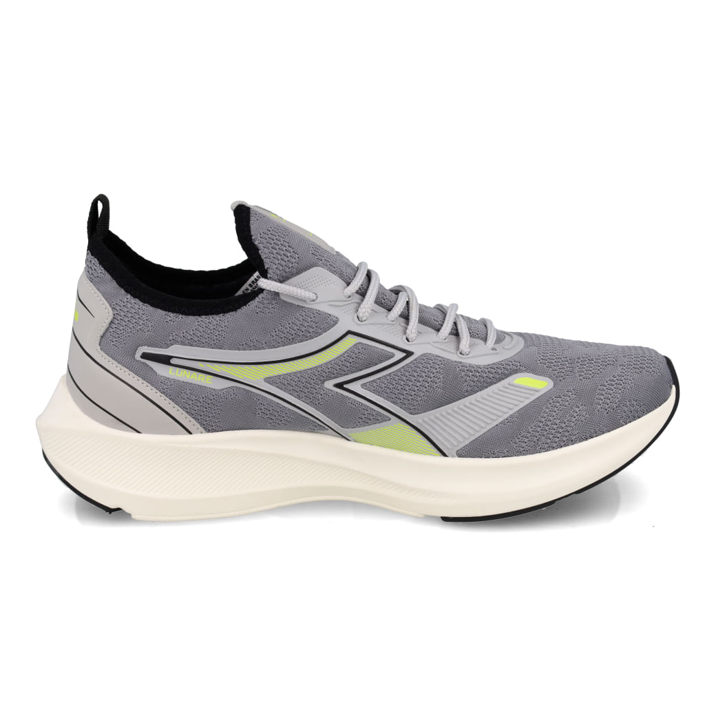 Tênis Diadora Lunare Cinza Masculino em ângulo frontal com detalhes em verde neon e cadarços brancos